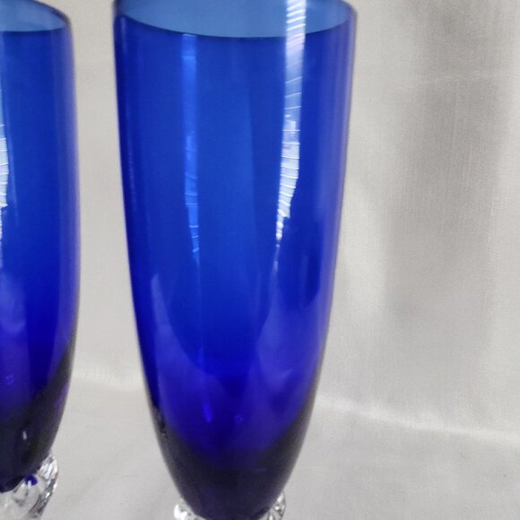 Elegant Blue Crystal Champagne Flutes With Clear Textured Stems Set Of 4 8.5" Ta - Picture 3 of 7